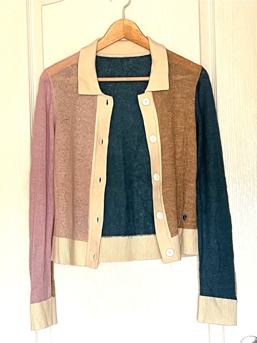 Colorblock Knit Cardigan Sweater Alpaca Mohair Blend Polo Collar Size M
